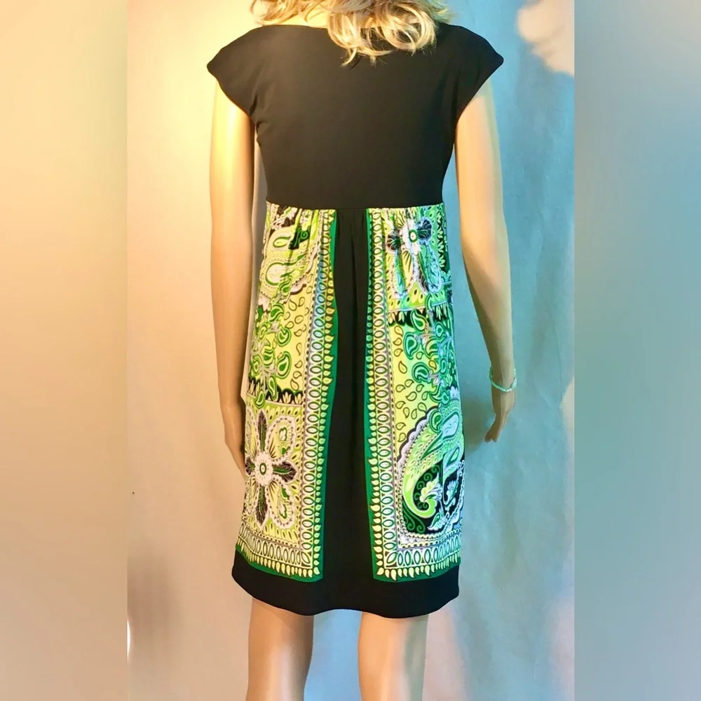 LONDON TIMES Black Green empire waist minidress Short sleeve Square neckline S6 - Picture 7 of 13